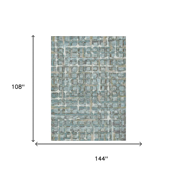 9' X 12' Teal Blue And Pewter Geometric Washable Indoor Outdoor Area Rug Homeroots Outdoor