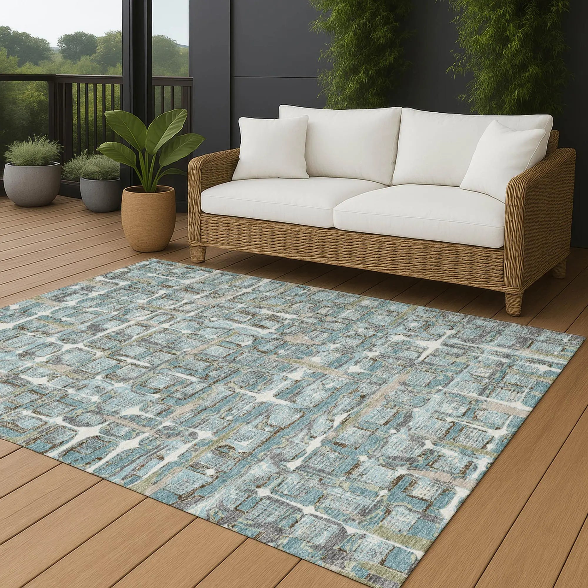 9' X 12' Teal Blue And Pewter Geometric Washable Indoor Outdoor Area Rug Homeroots Outdoor