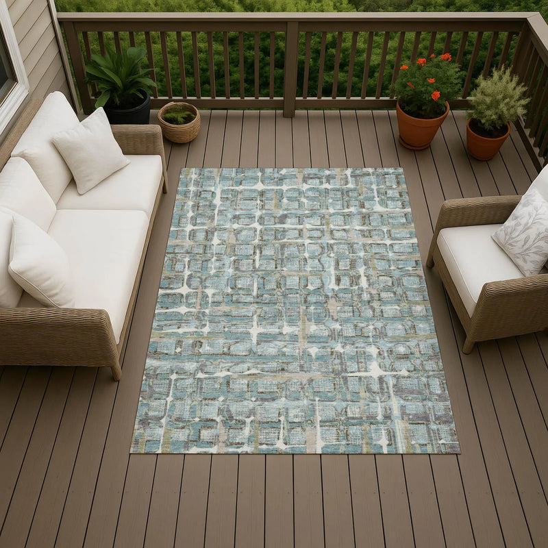 9' X 12' Teal Blue And Pewter Geometric Washable Indoor Outdoor Area Rug Homeroots Outdoor