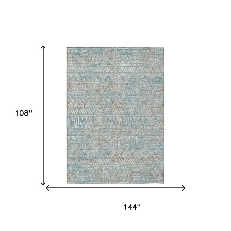 9' X 12' Teal Blue And Pewter Geometric Washable Indoor Outdoor Area Rug Homeroots Outdoor