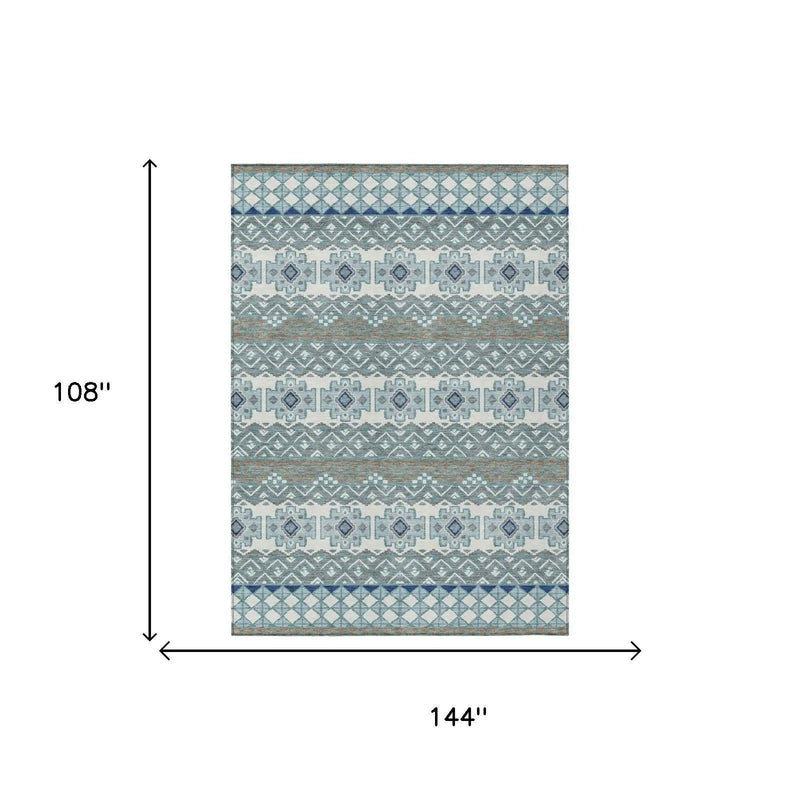 9' X 12' Teal Blue And Pewter Striped Washable Indoor Outdoor Area Rug Homeroots Outdoor