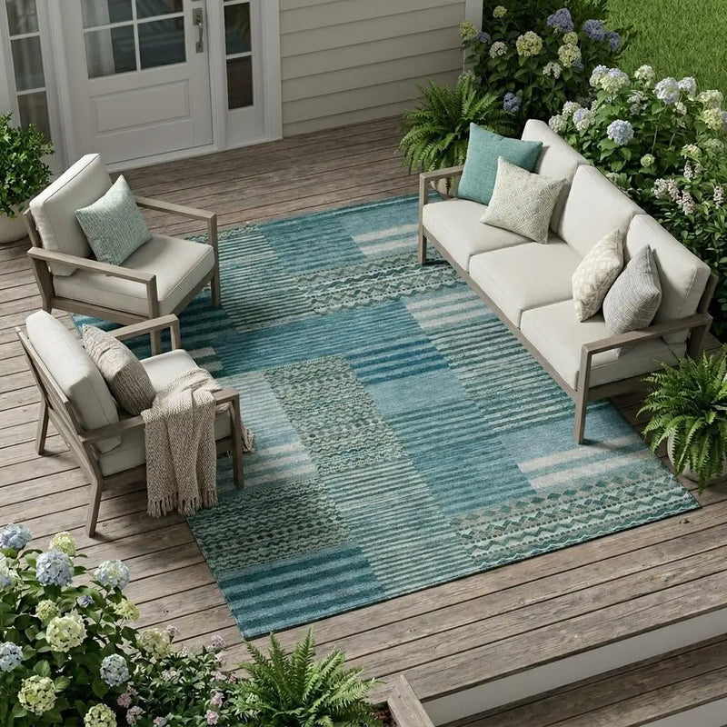 9' X 12' Teal Blue And Pewter Striped Washable Indoor Outdoor Area Rug Homeroots Outdoor