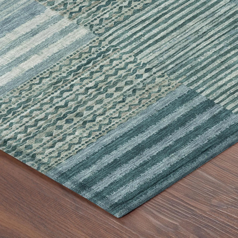 9' X 12' Teal Blue And Pewter Striped Washable Indoor Outdoor Area Rug Homeroots Outdoor