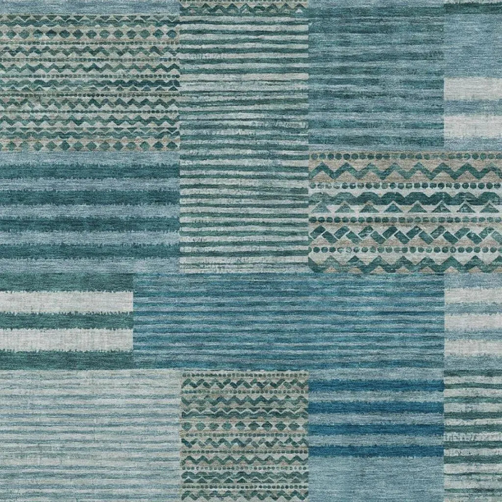 9' X 12' Teal Blue And Pewter Striped Washable Indoor Outdoor Area Rug Homeroots Outdoor