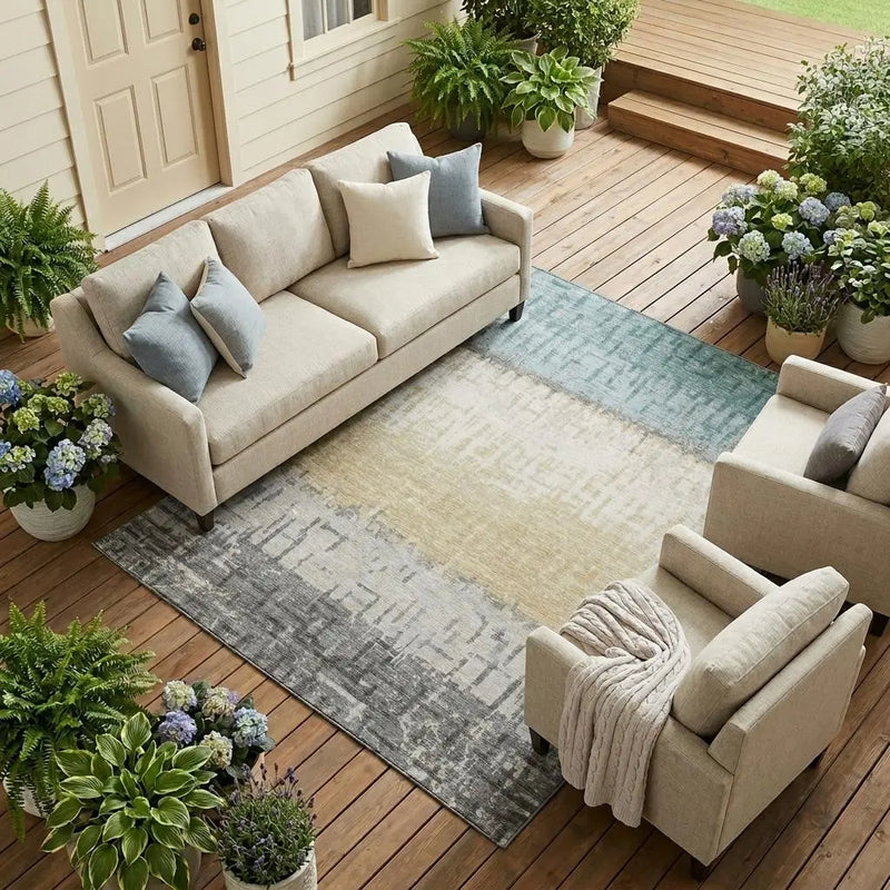 9' X 12' Teal Blue And Pewter Striped Washable Indoor Outdoor Area Rug Homeroots Outdoor