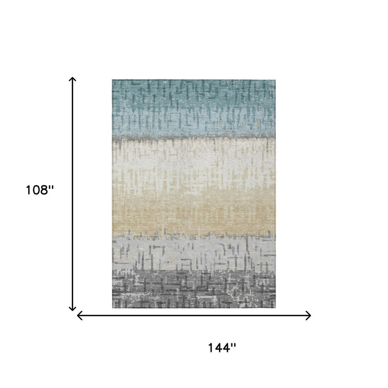 9' X 12' Teal Blue And Pewter Striped Washable Indoor Outdoor Area Rug Homeroots Outdoor
