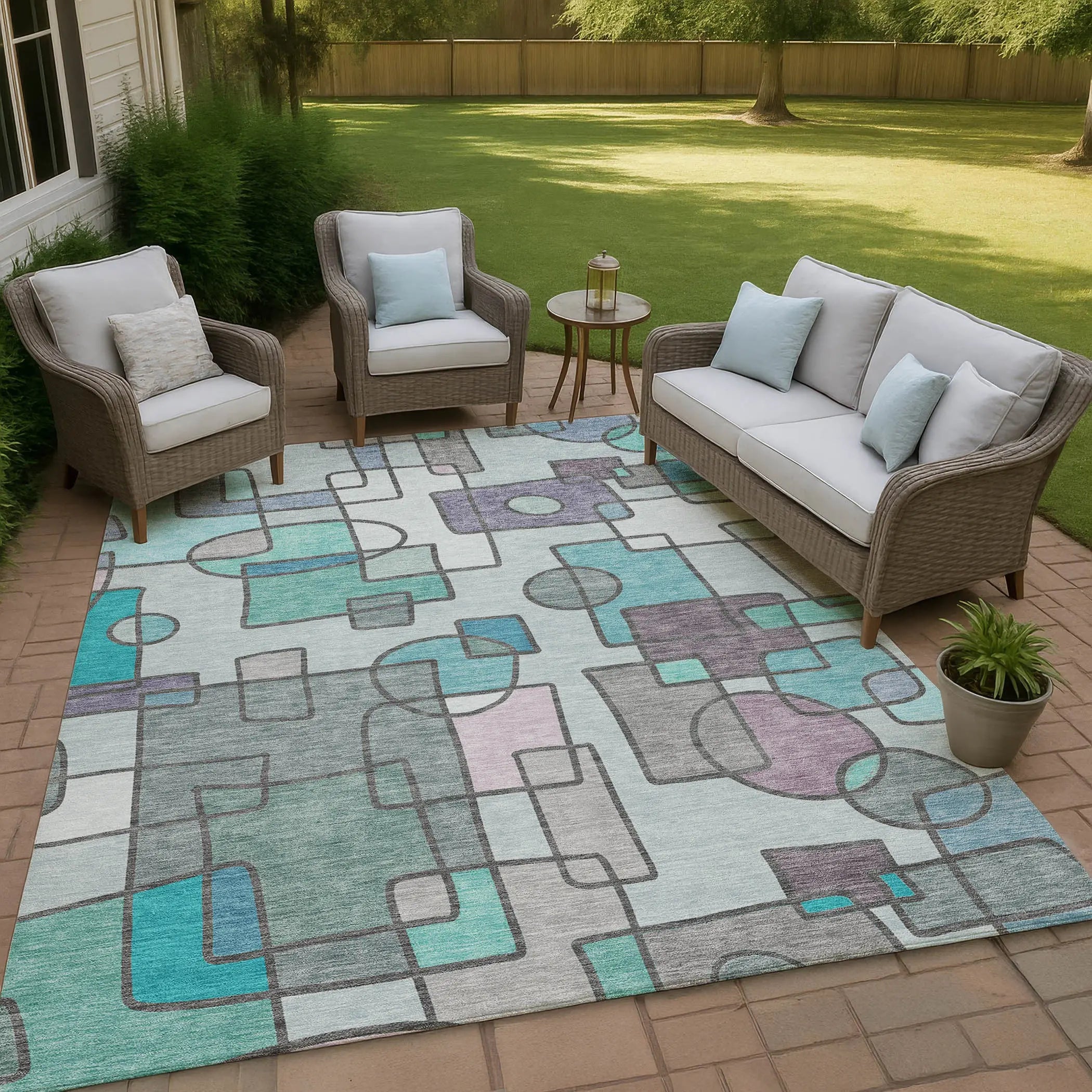 9' X 12' Teal Blue And Plum Geometric Washable Indoor Outdoor Area Rug Homeroots Outdoor