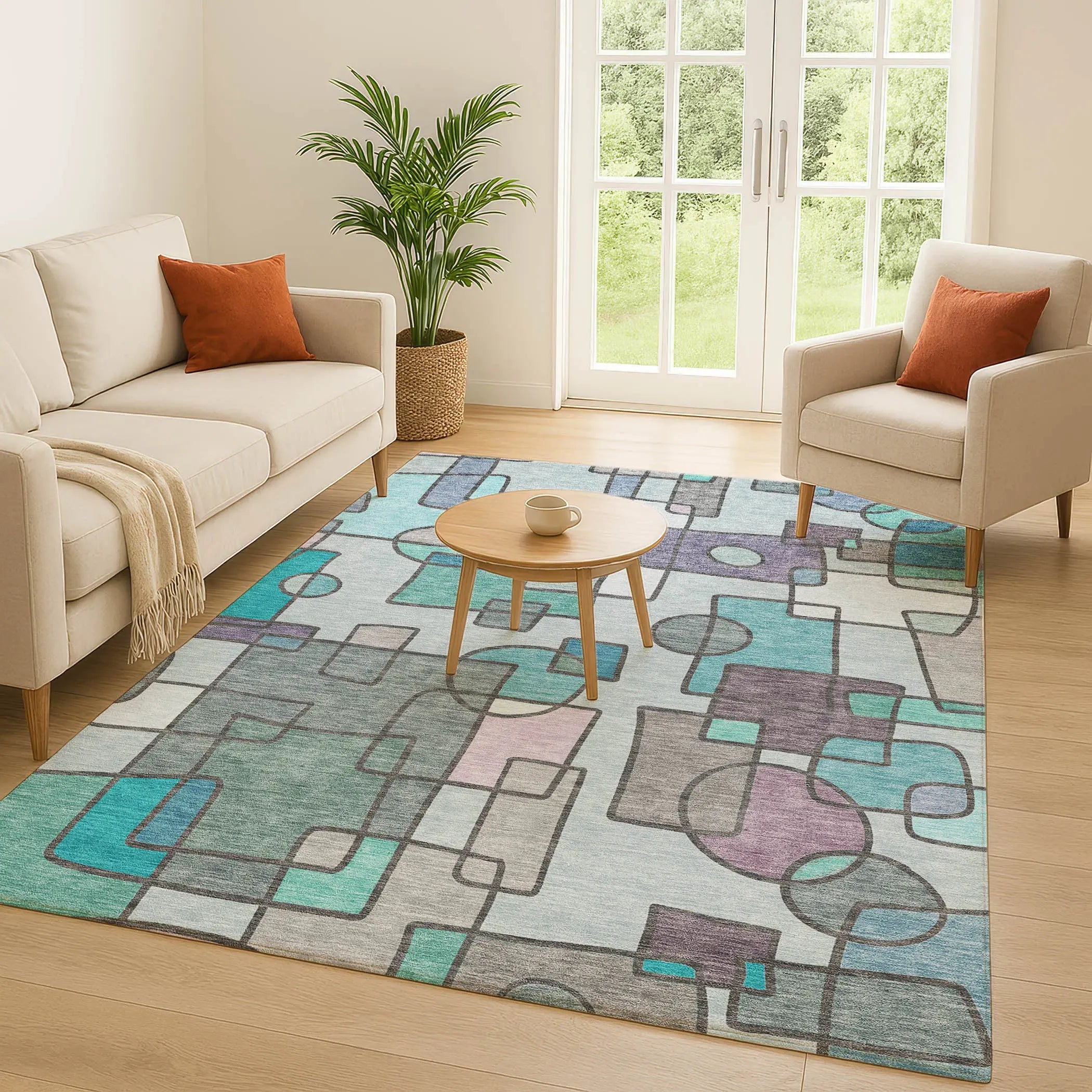 9' X 12' Teal Blue And Plum Geometric Washable Indoor Outdoor Area Rug Homeroots Outdoor