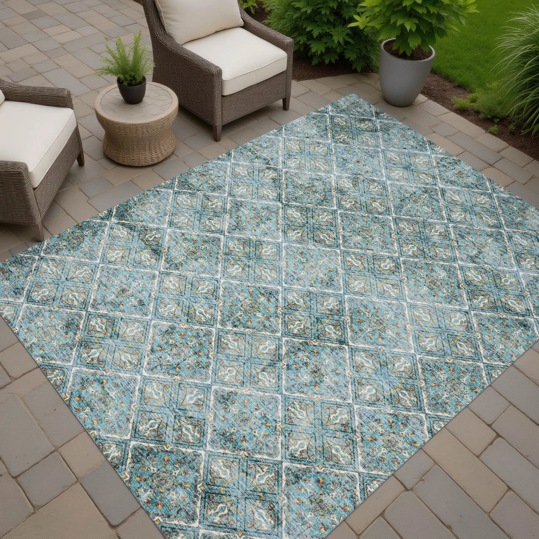 9' X 12' Teal Blue And Purple Geometric Washable Indoor Outdoor Area Rug Homeroots Outdoor