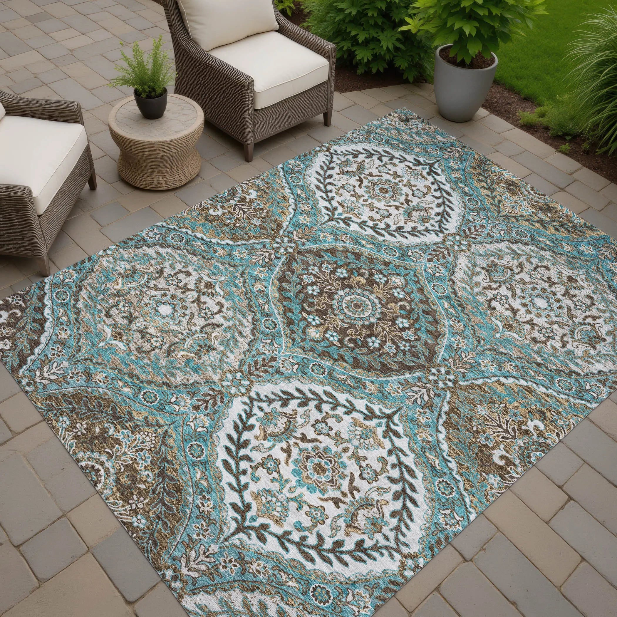9' X 12' Teal Blue And Purple Ogee Washable Indoor Outdoor Area Rug Homeroots Outdoor