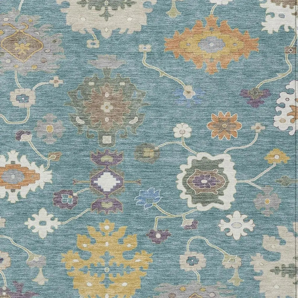 9' X 12' Teal Blue And Sage Oriental Washable Indoor Outdoor Area Rug Homeroots Outdoor