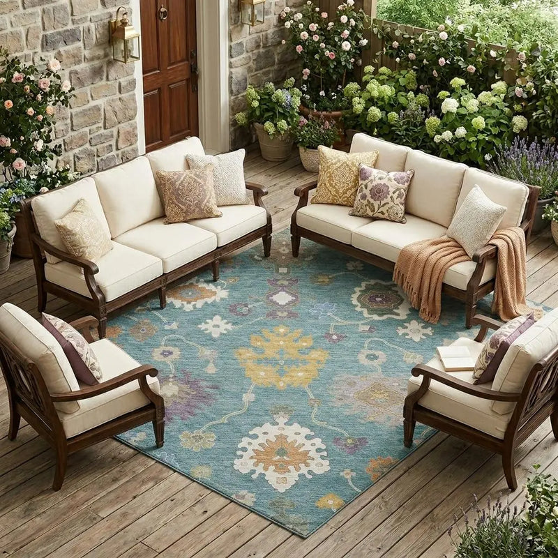 9' X 12' Teal Blue And Sage Oriental Washable Indoor Outdoor Area Rug Homeroots Outdoor