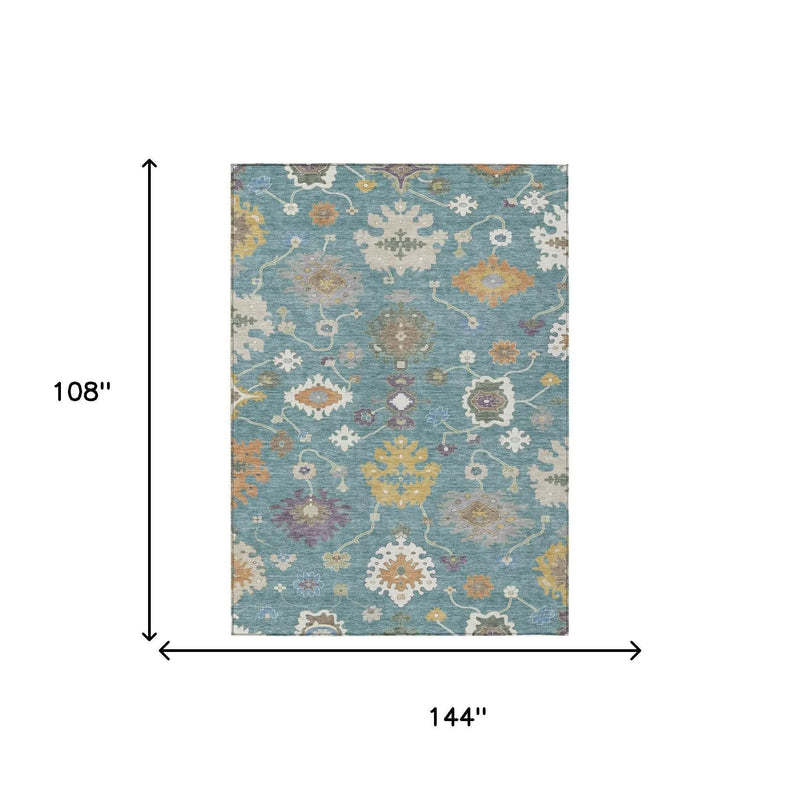 9' X 12' Teal Blue And Sage Oriental Washable Indoor Outdoor Area Rug Homeroots Outdoor