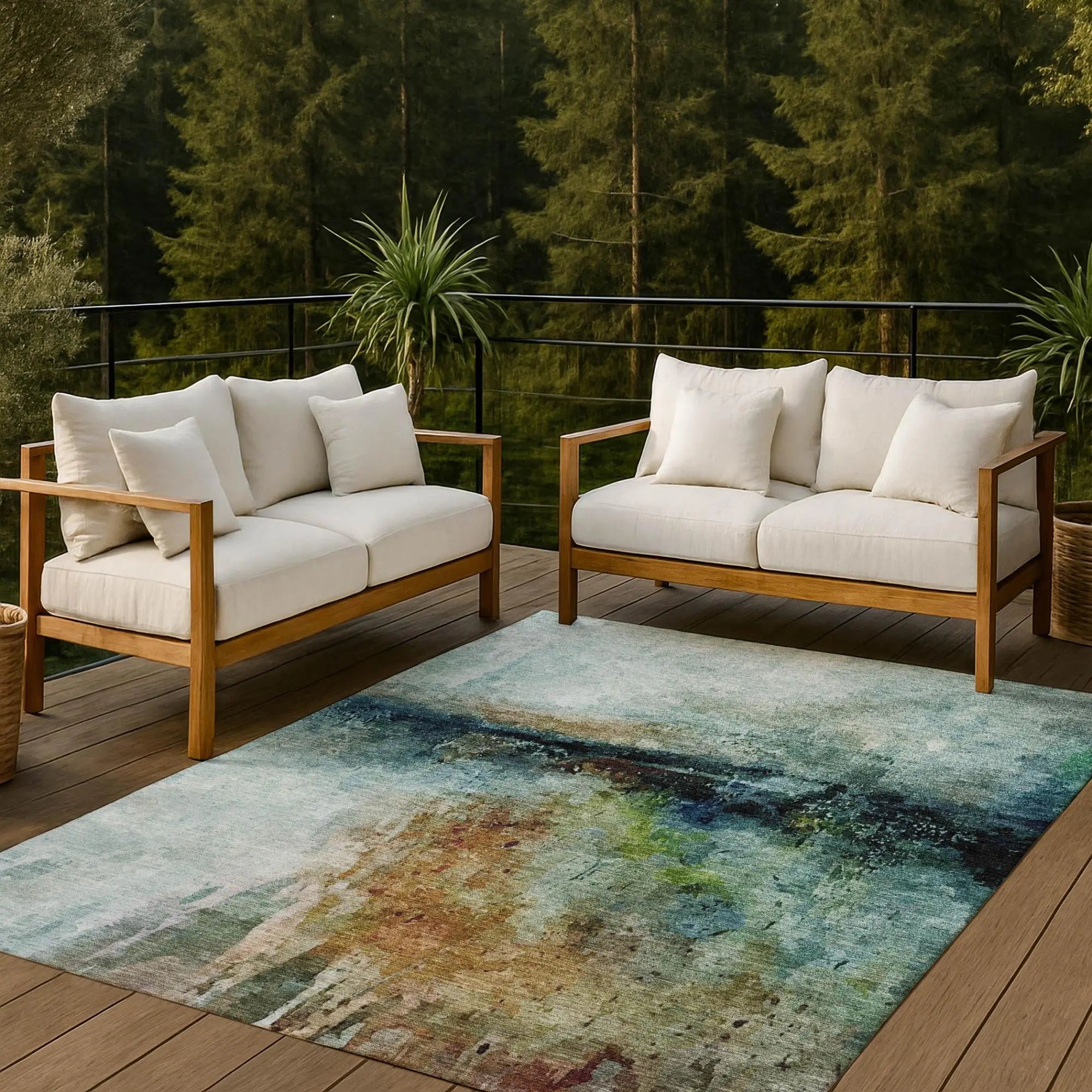 9' X 12' Teal Blue And Silver Abstract Washable Indoor Outdoor Area Rug Homeroots Outdoor
