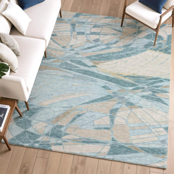 9' X 12' Teal Blue And Silver Abstract Washable Indoor Outdoor Area Rug Homeroots Outdoor