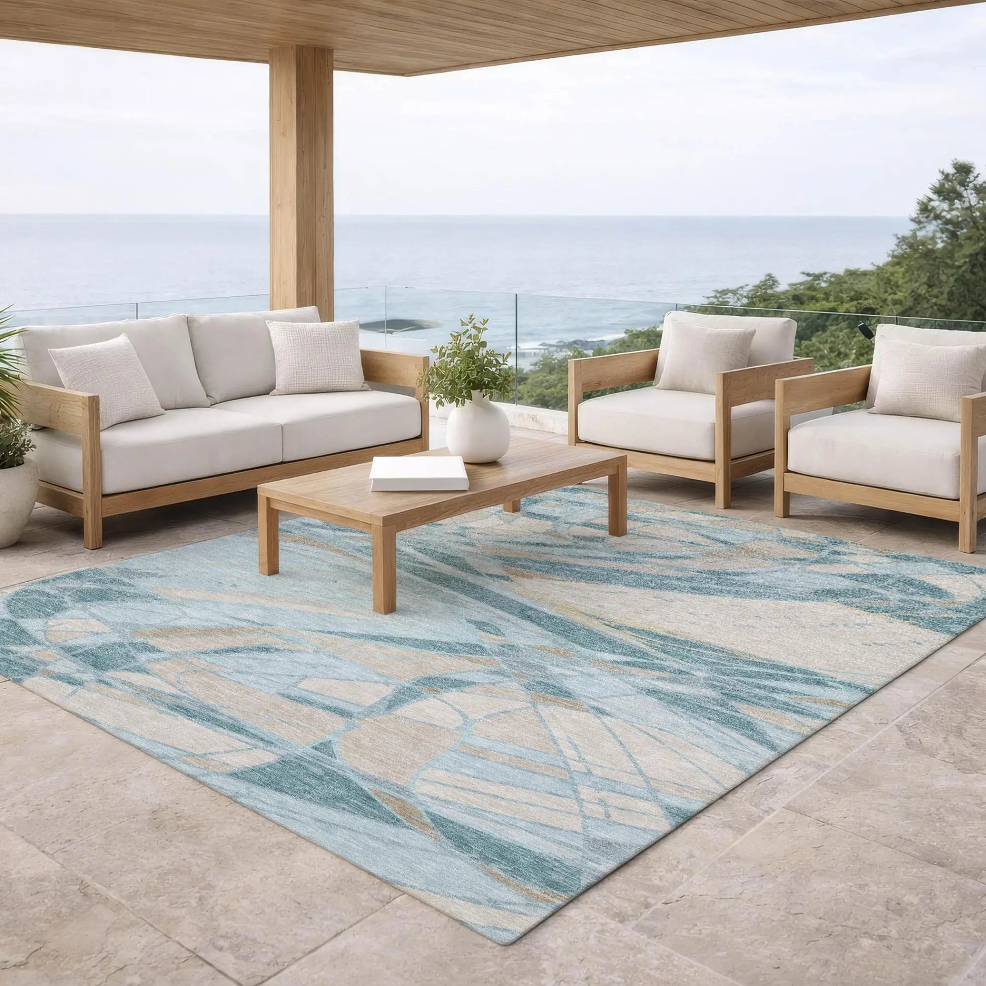 9' X 12' Teal Blue And Silver Abstract Washable Indoor Outdoor Area Rug Homeroots Outdoor