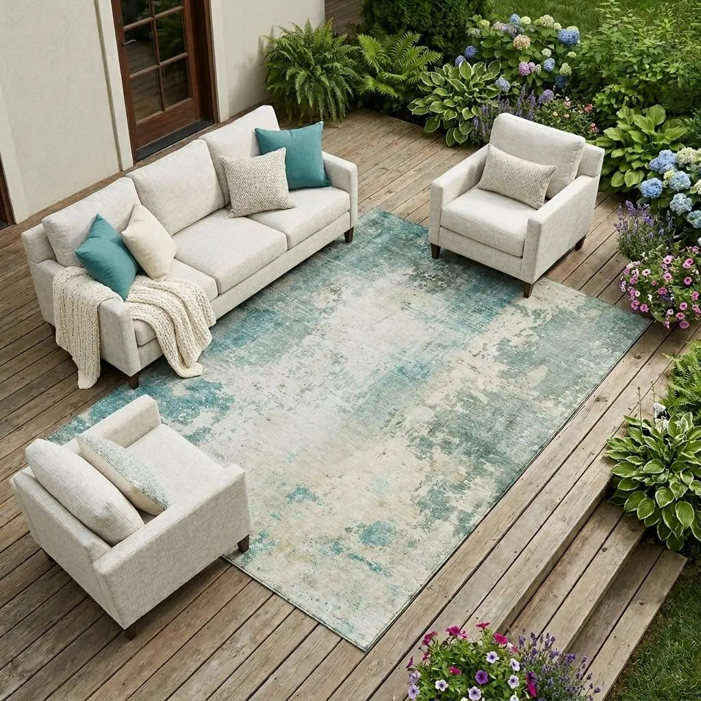 9' X 12' Teal Blue And Silver Abstract Washable Indoor Outdoor Area Rug Homeroots Outdoor