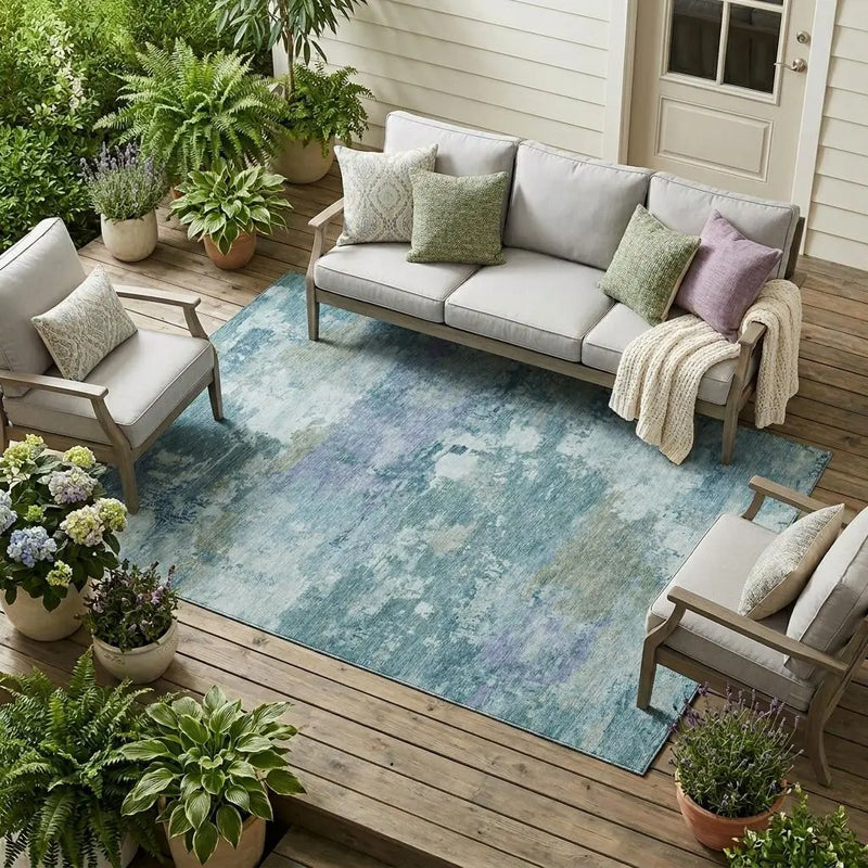 9' X 12' Teal Blue And Silver Abstract Washable Indoor Outdoor Area Rug Homeroots Outdoor