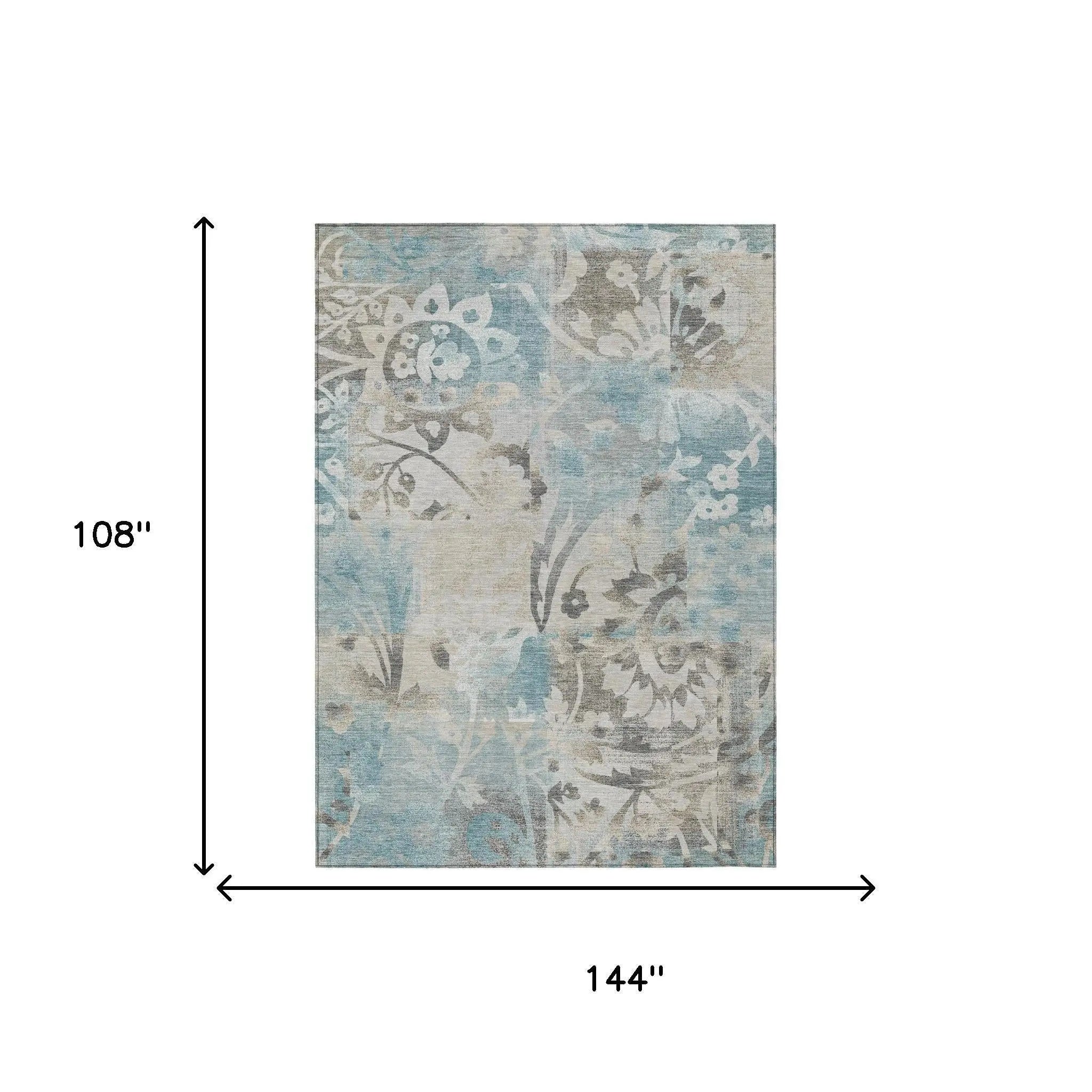 9' X 12' Teal Blue And Silver Botanical Leaves Washable Indoor Outdoor Area Rug Homeroots Outdoor
