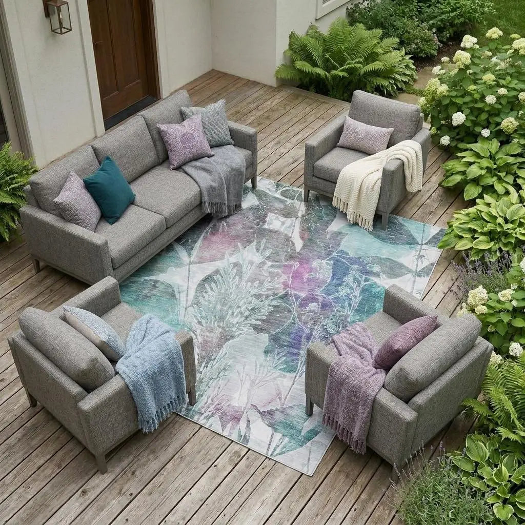 9' X 12' Teal Blue And Silver Botanical Leaves Washable Indoor Outdoor Area Rug Homeroots Outdoor