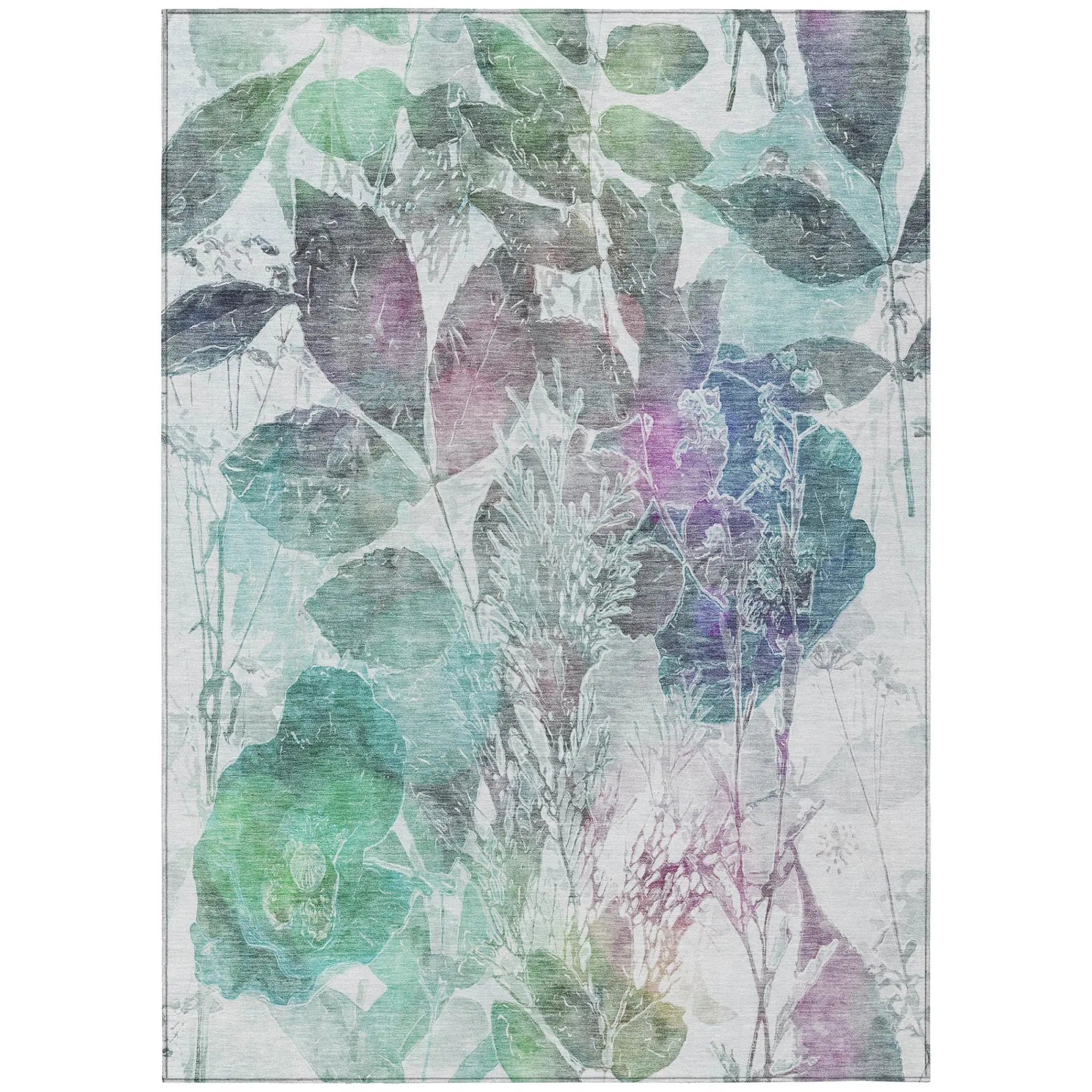 9' X 12' Teal Blue And Silver Botanical Leaves Washable Indoor Outdoor Area Rug Homeroots Outdoor