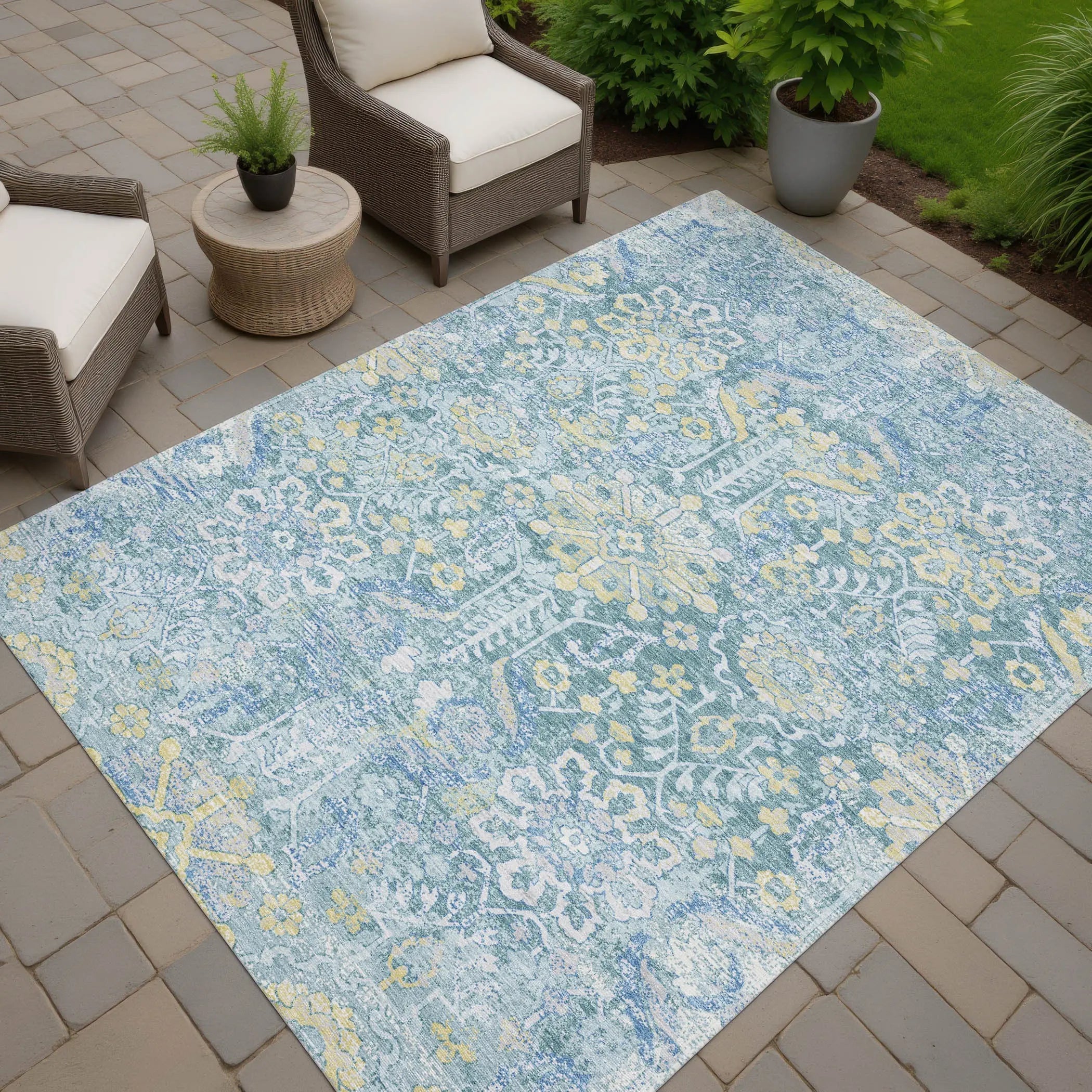 9' X 12' Teal Blue And Silver Damask Washable Indoor Outdoor Area Rug Homeroots Outdoor