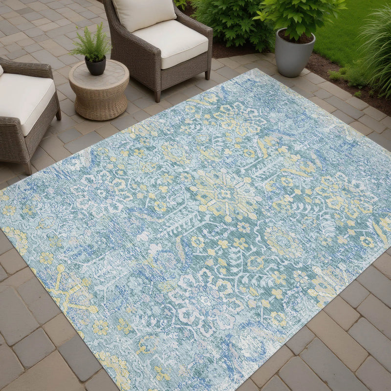 9' X 12' Teal Blue And Silver Damask Washable Indoor Outdoor Area Rug Homeroots Outdoor