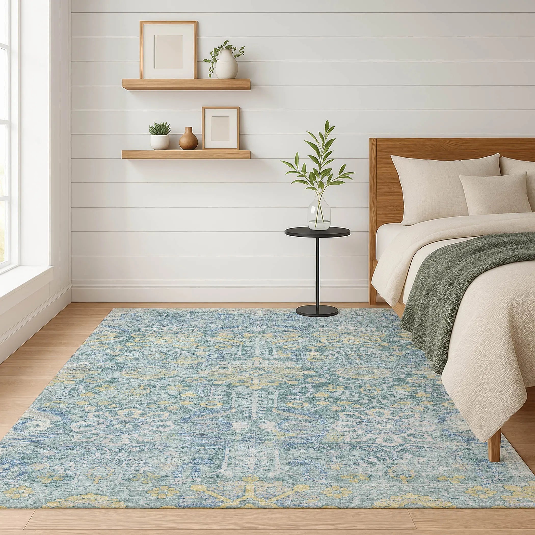 9' X 12' Teal Blue And Silver Damask Washable Indoor Outdoor Area Rug Homeroots Outdoor