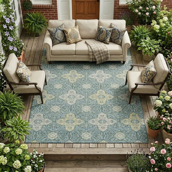 9' X 12' Teal Blue And Silver Damask Washable Indoor Outdoor Area Rug Homeroots Outdoor