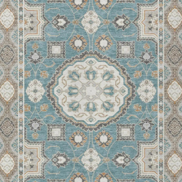 9' X 12' Teal Blue And Silver Floral Medallion Washable Indoor Outdoor Area Rug Homeroots Outdoor