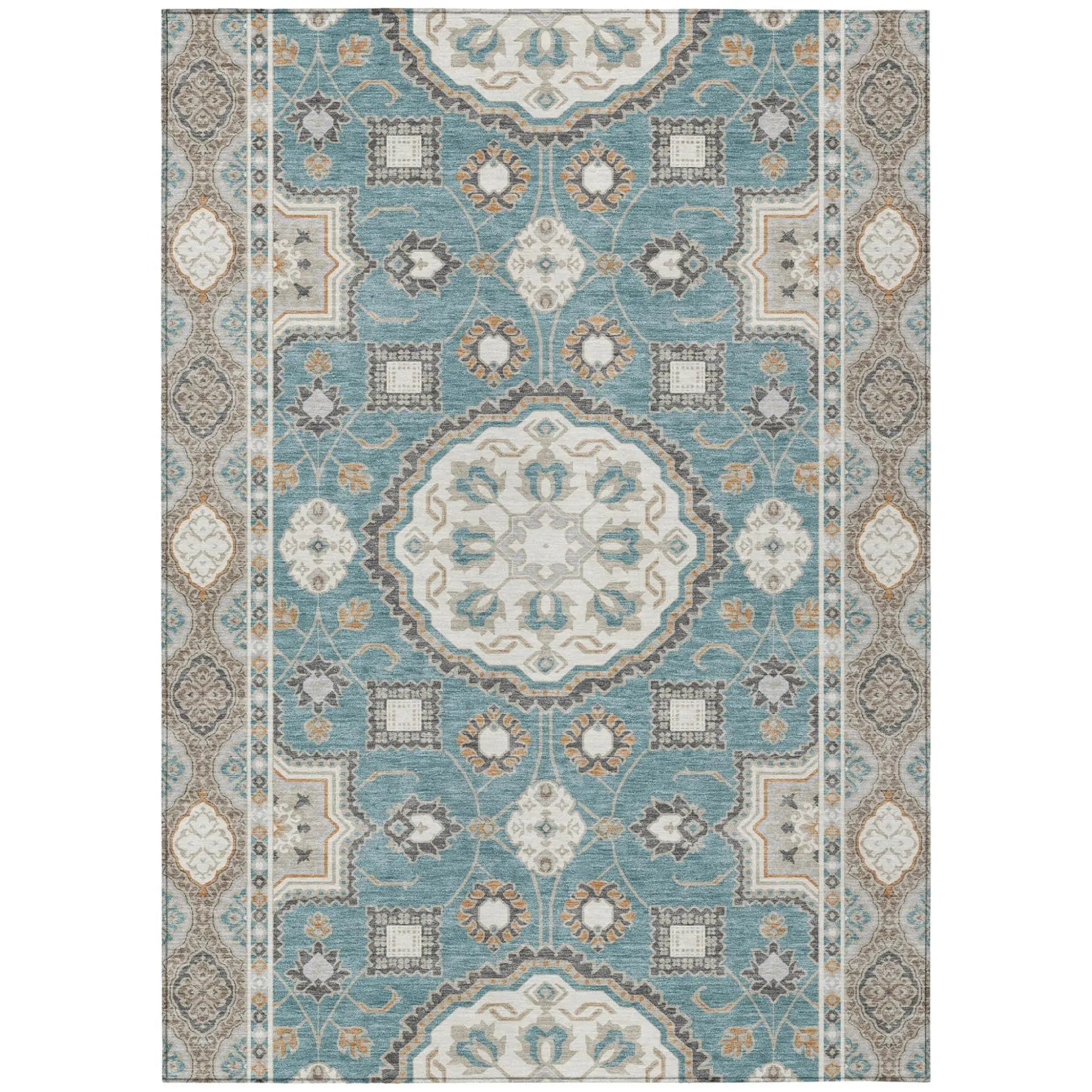 9' X 12' Teal Blue And Silver Floral Medallion Washable Indoor Outdoor Area Rug Homeroots Outdoor