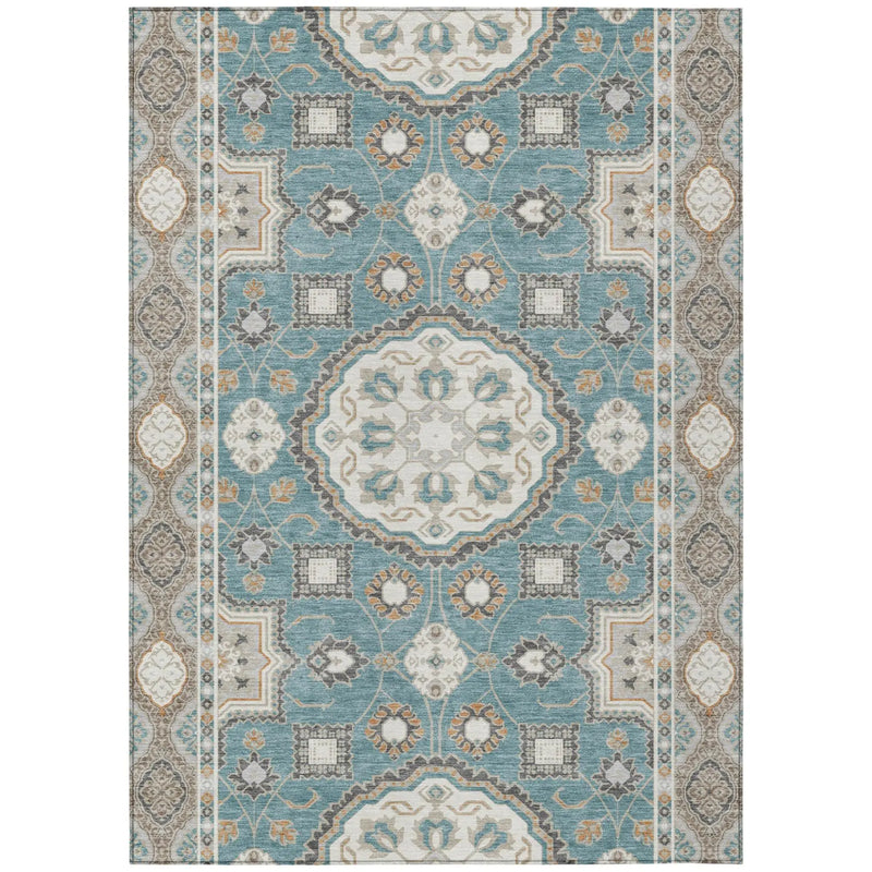 9' X 12' Teal Blue And Silver Floral Medallion Washable Indoor Outdoor Area Rug Homeroots Outdoor