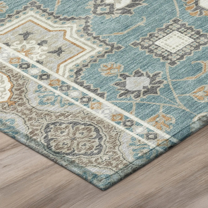 9' X 12' Teal Blue And Silver Floral Medallion Washable Indoor Outdoor Area Rug Homeroots Outdoor