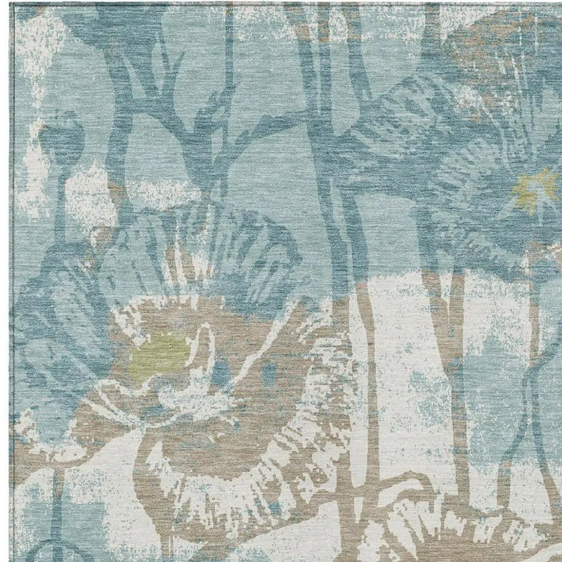 9' X 12' Teal Blue And Silver Floral Washable Indoor Outdoor Area Rug Homeroots Outdoor