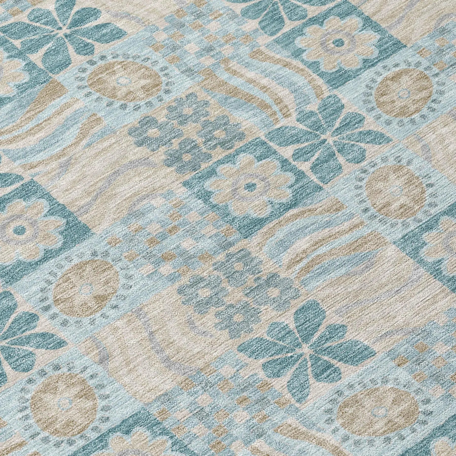 9' X 12' Teal Blue And Silver Floral Washable Indoor Outdoor Area Rug Homeroots Outdoor