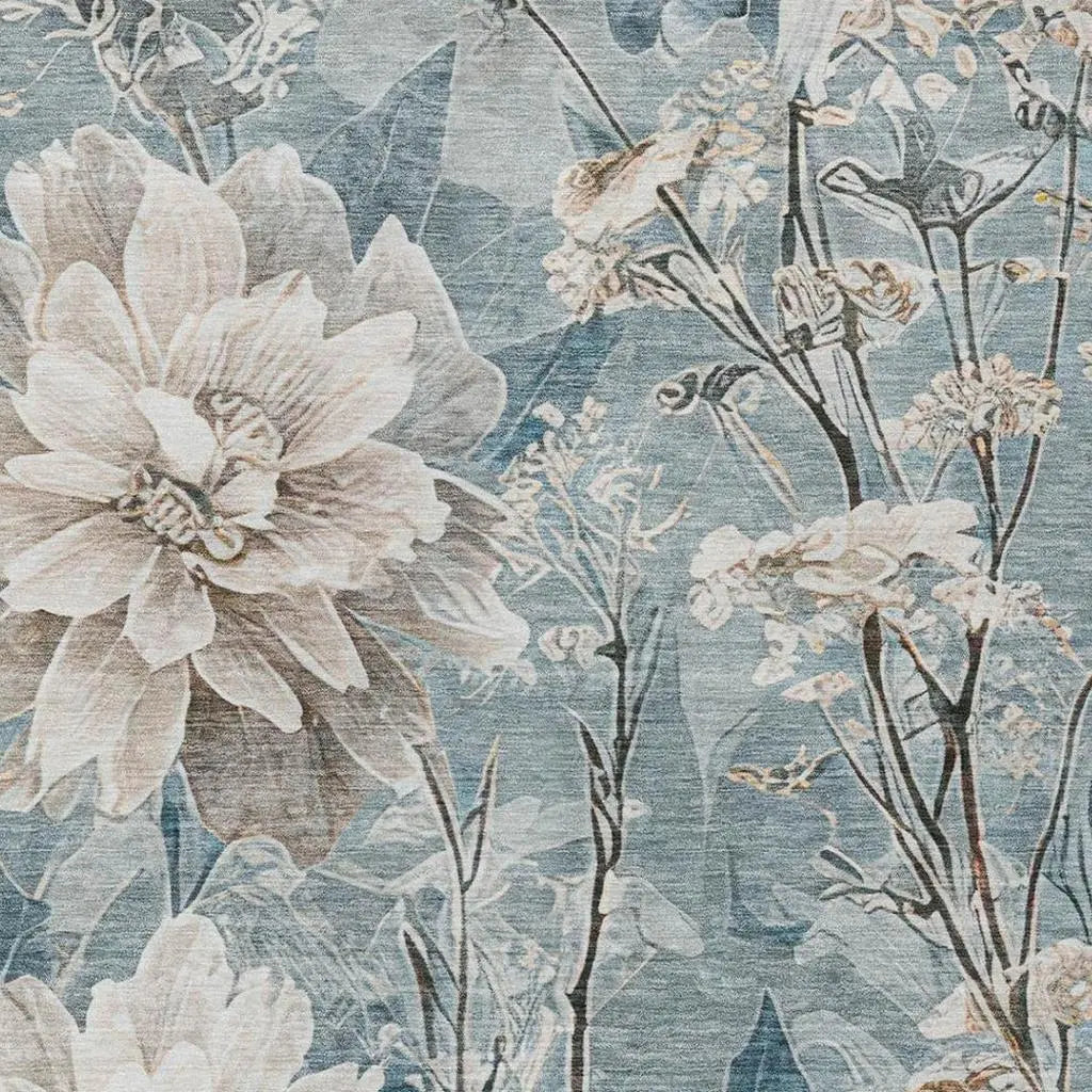 9' X 12' Teal Blue And Silver Floral Washable Indoor Outdoor Area Rug Homeroots Outdoor