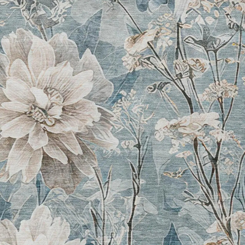 9' X 12' Teal Blue And Silver Floral Washable Indoor Outdoor Area Rug Homeroots Outdoor
