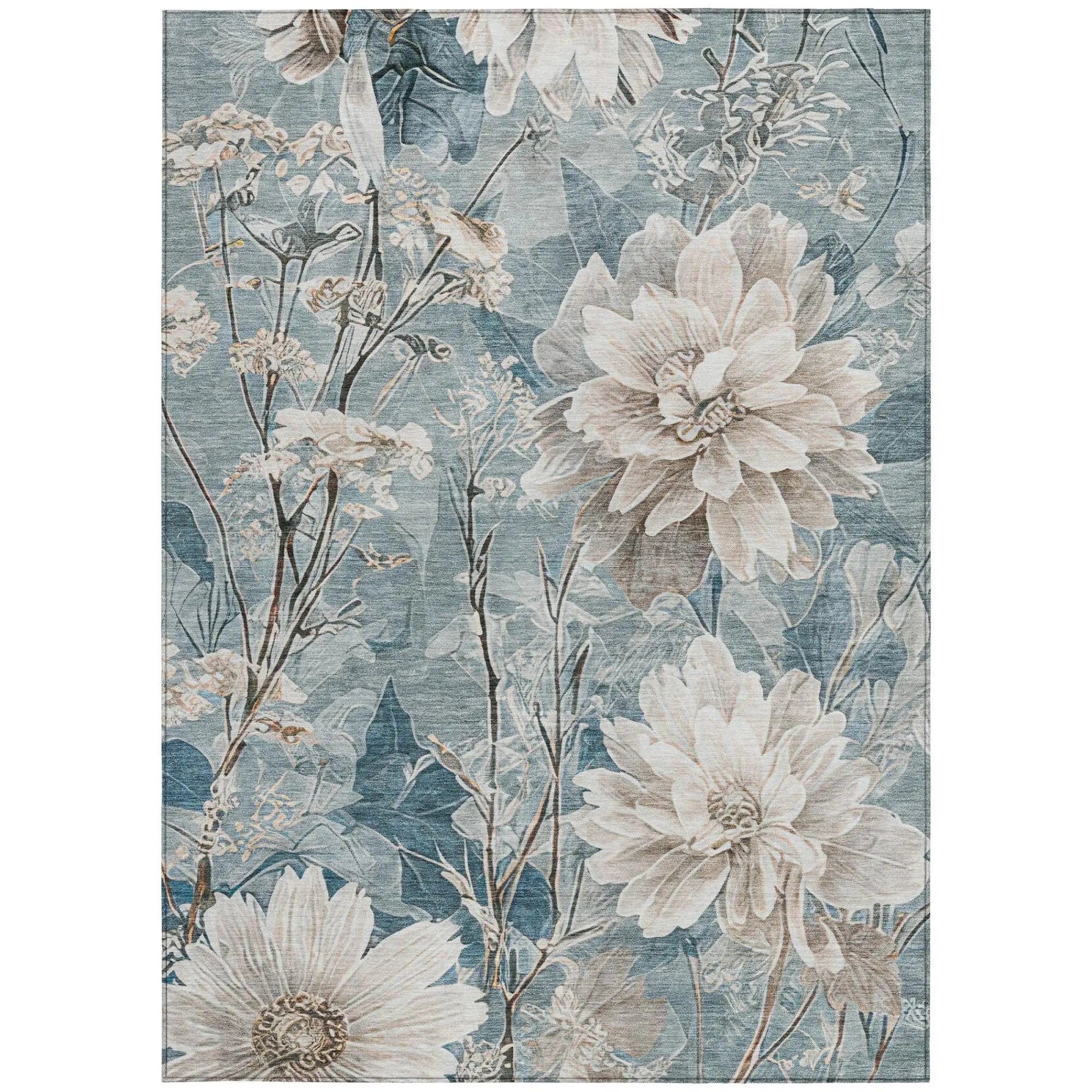 9' X 12' Teal Blue And Silver Floral Washable Indoor Outdoor Area Rug Homeroots Outdoor
