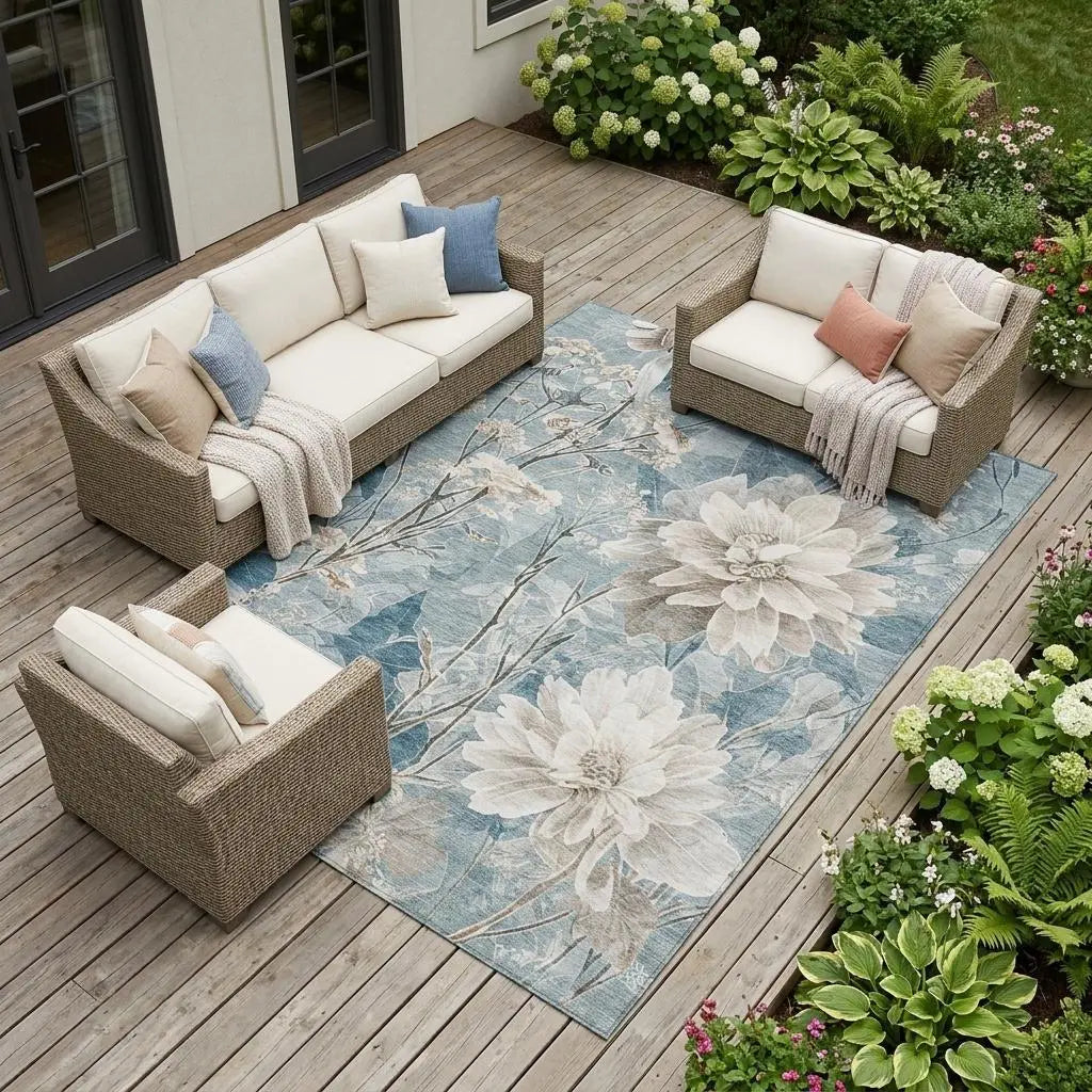9' X 12' Teal Blue And Silver Floral Washable Indoor Outdoor Area Rug Homeroots Outdoor