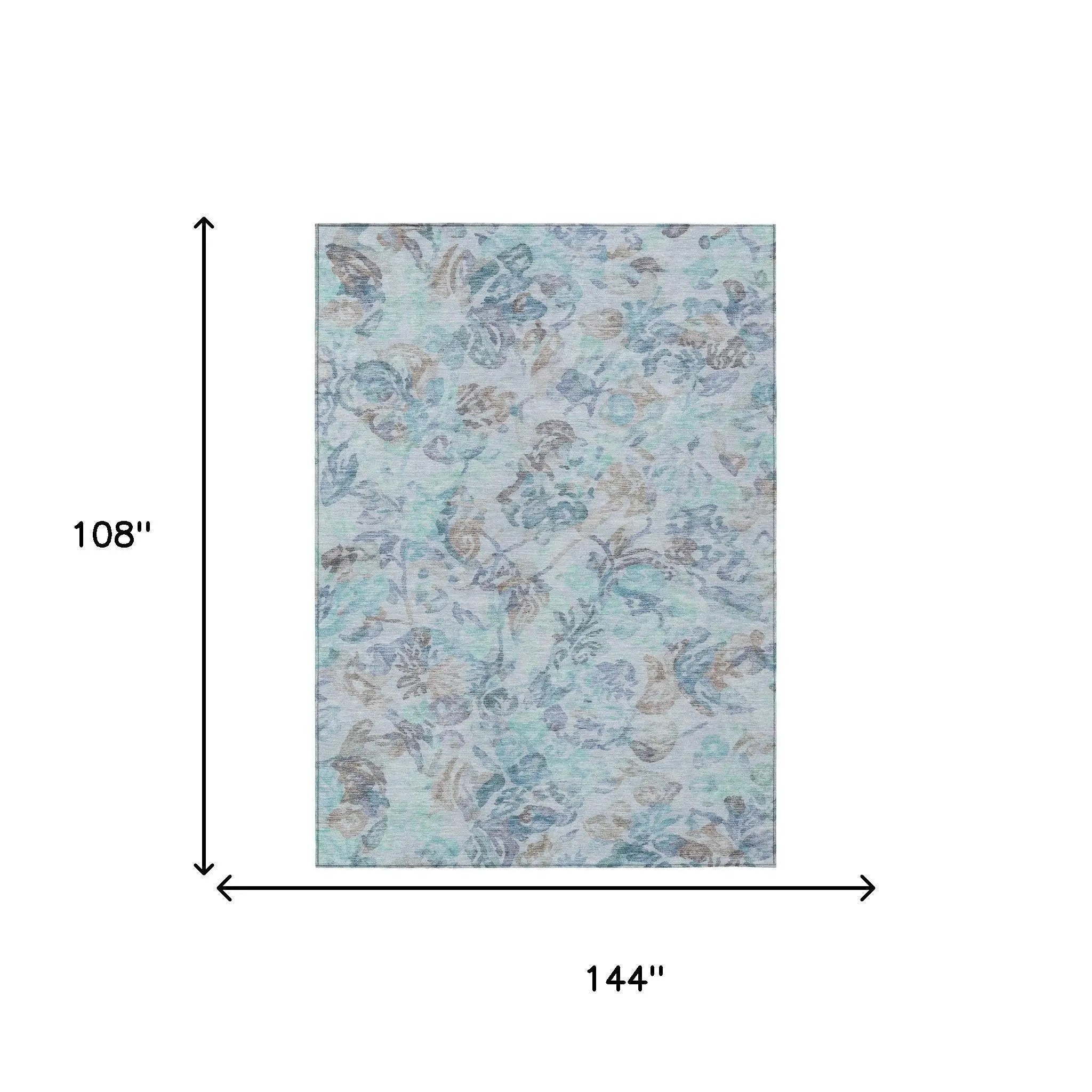 9' X 12' Teal Blue And Silver Floral Washable Indoor Outdoor Area Rug Homeroots Outdoor