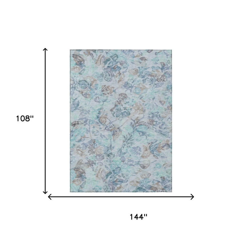 9' X 12' Teal Blue And Silver Floral Washable Indoor Outdoor Area Rug Homeroots Outdoor