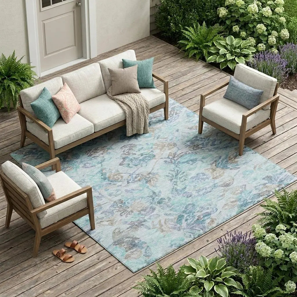 9' X 12' Teal Blue And Silver Floral Washable Indoor Outdoor Area Rug Homeroots Outdoor