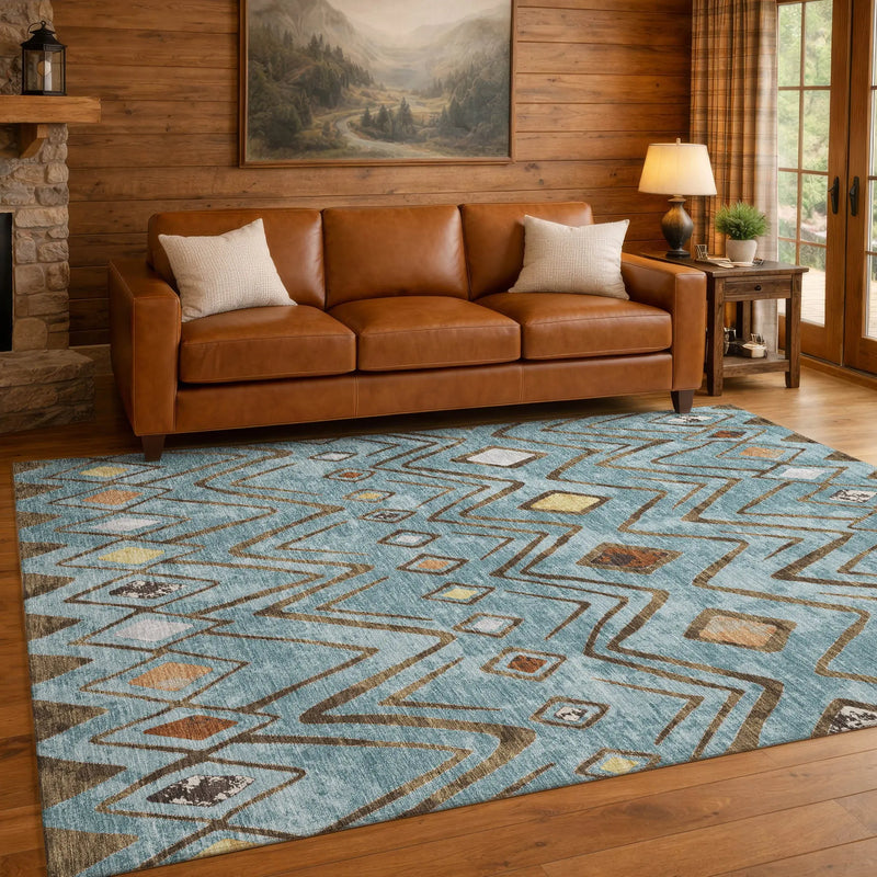 9' X 12' Teal Blue And Silver Geometric Washable Indoor Outdoor Area Rug Homeroots Outdoor