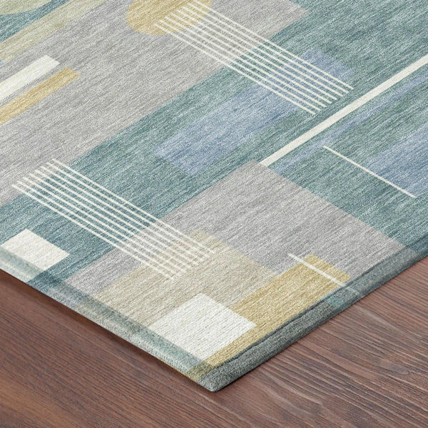 9' X 12' Teal Blue And Silver Geometric Washable Indoor Outdoor Area Rug Homeroots Outdoor