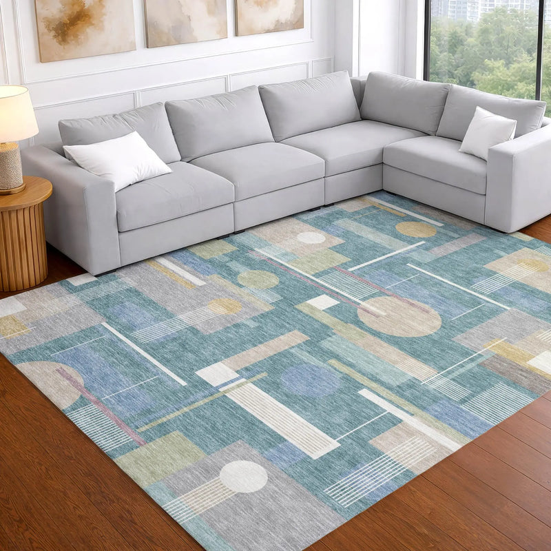 9' X 12' Teal Blue And Silver Geometric Washable Indoor Outdoor Area Rug Homeroots Outdoor
