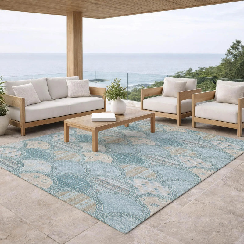 9' X 12' Teal Blue And Silver Geometric Washable Indoor Outdoor Area Rug Homeroots Outdoor