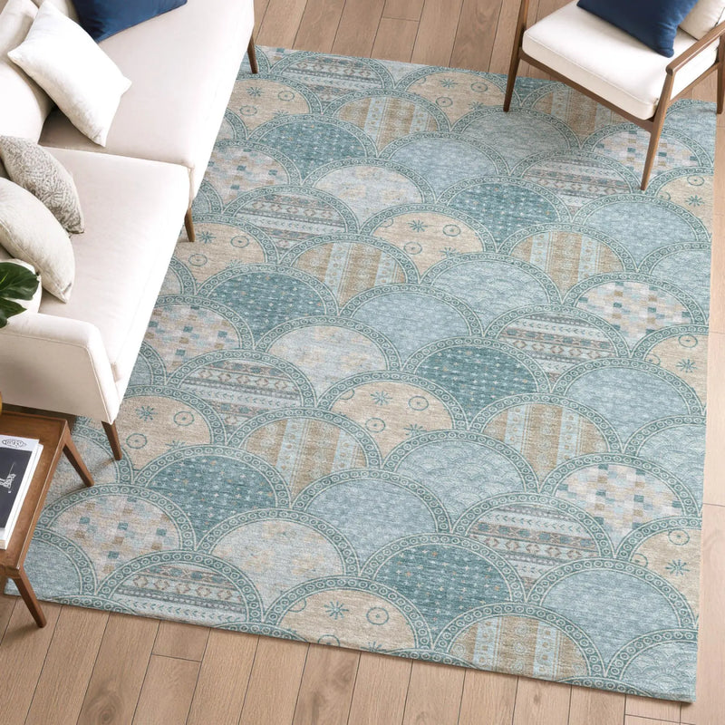 9' X 12' Teal Blue And Silver Geometric Washable Indoor Outdoor Area Rug Homeroots Outdoor