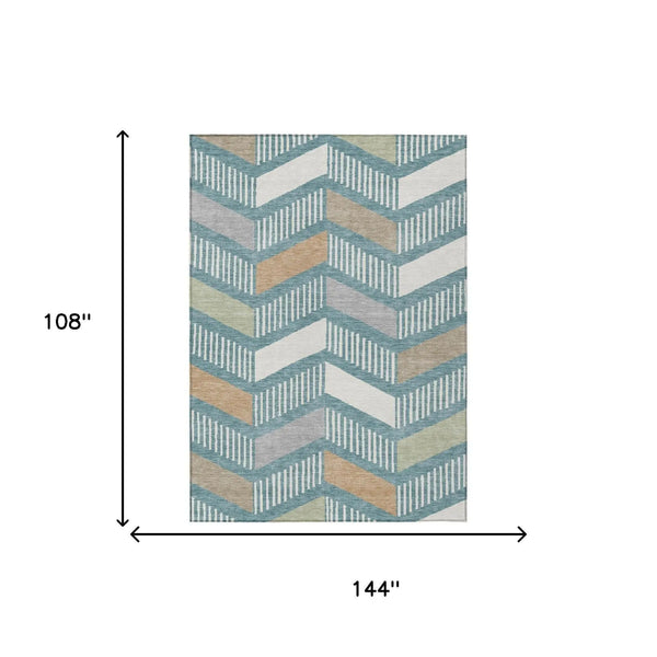 9' X 12' Teal Blue And Silver Geometric Washable Indoor Outdoor Area Rug Homeroots Outdoor