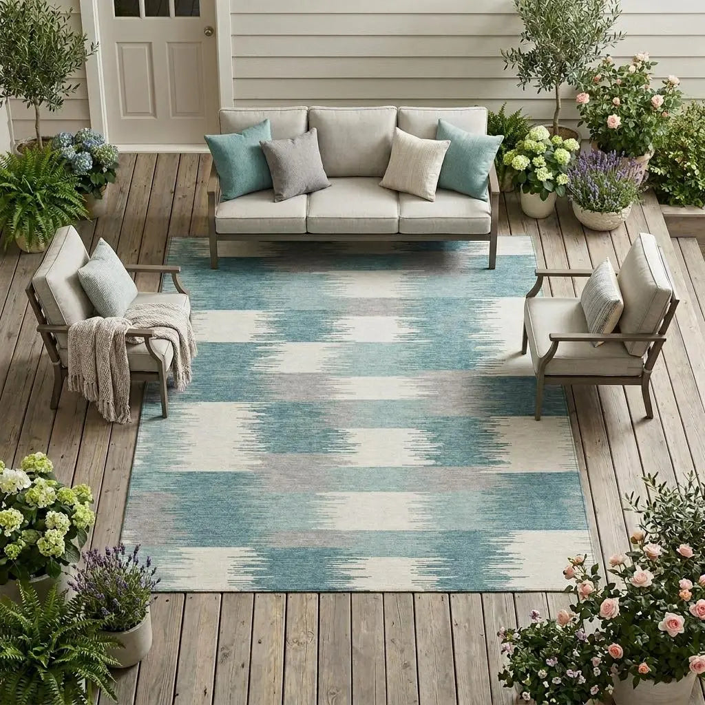 9' X 12' Teal Blue And Silver Geometric Washable Indoor Outdoor Area Rug Homeroots Outdoor