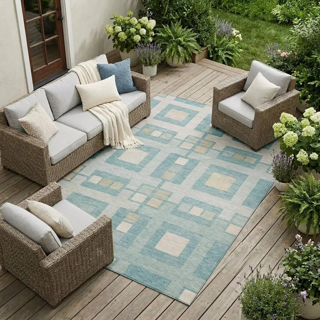 9' X 12' Teal Blue And Silver Geometric Washable Indoor Outdoor Area Rug Homeroots Outdoor